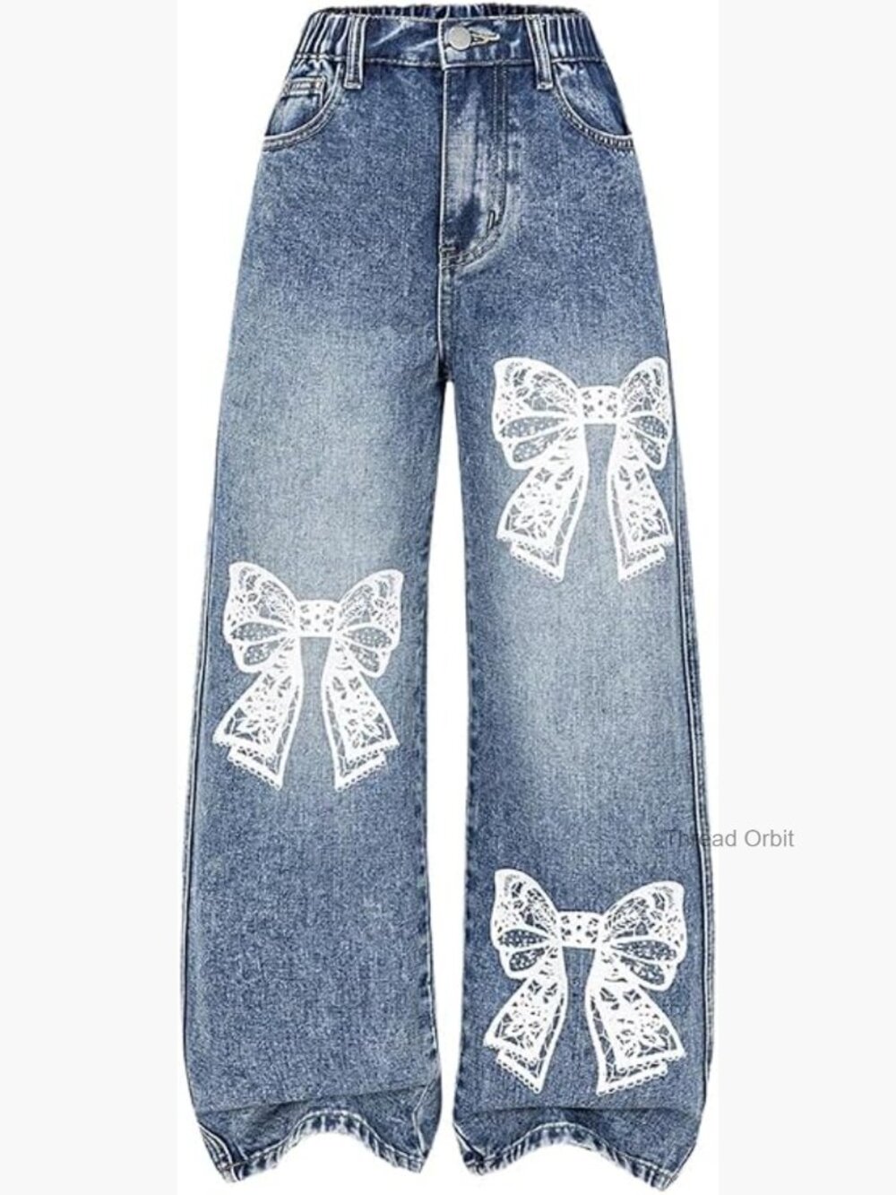 Girls Y2k Bow Print Baggy Wide Leg High Waisted Denim Jeans